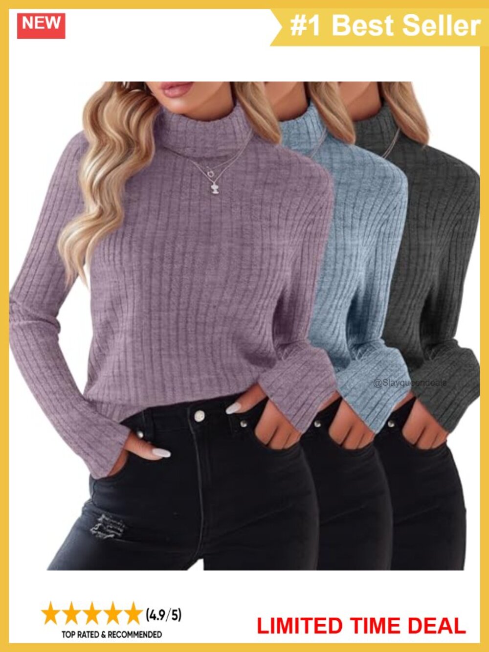 3 Pack Women's Turtleneck Long Sleeve Knit Sweater Pullover